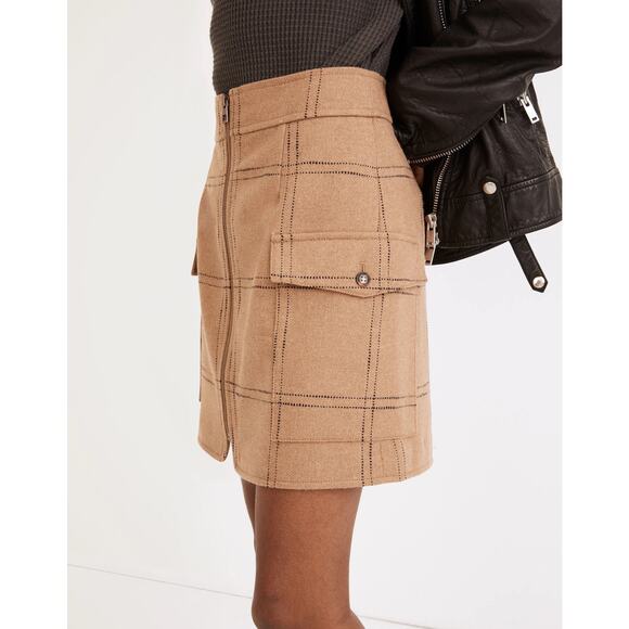 Madewell Zip-Front Mini Skirt in Windowpane Camel Wool Blend Women’s - Size 00 - Picture 1 of 8